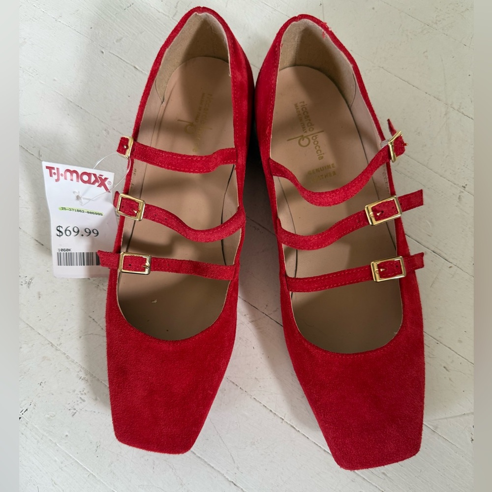Ricardo Boccia Red SuedeTriple-Strap Suede Ballet Flats, Size 39. NWT